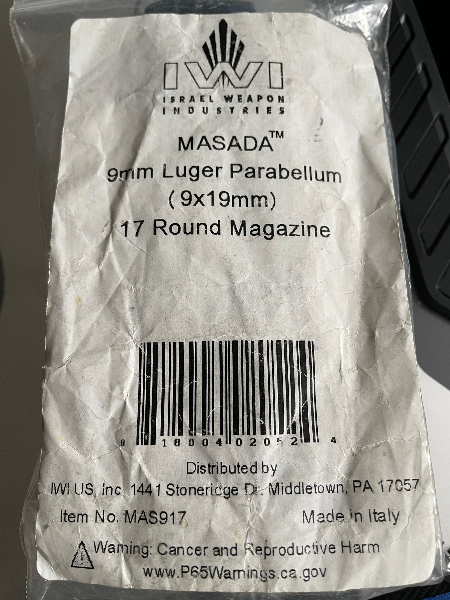 IWI MASADA 9mm 17 rd mag for standard and tactical models. NOS