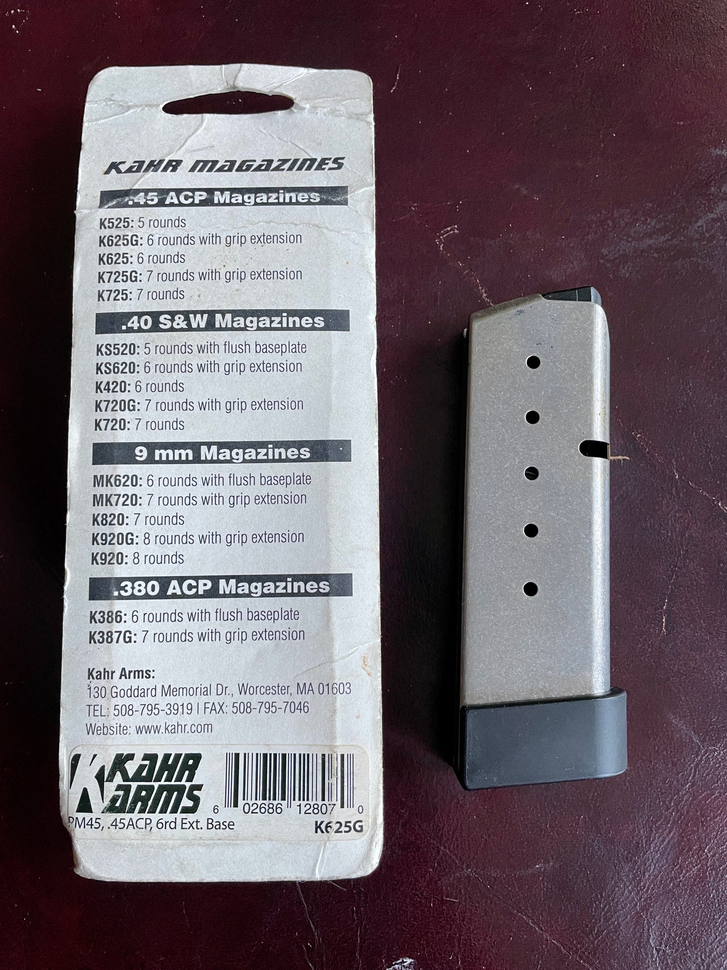 (2) Kahr Arms PM45 6 rd, extended base, .45 acp factory magazines