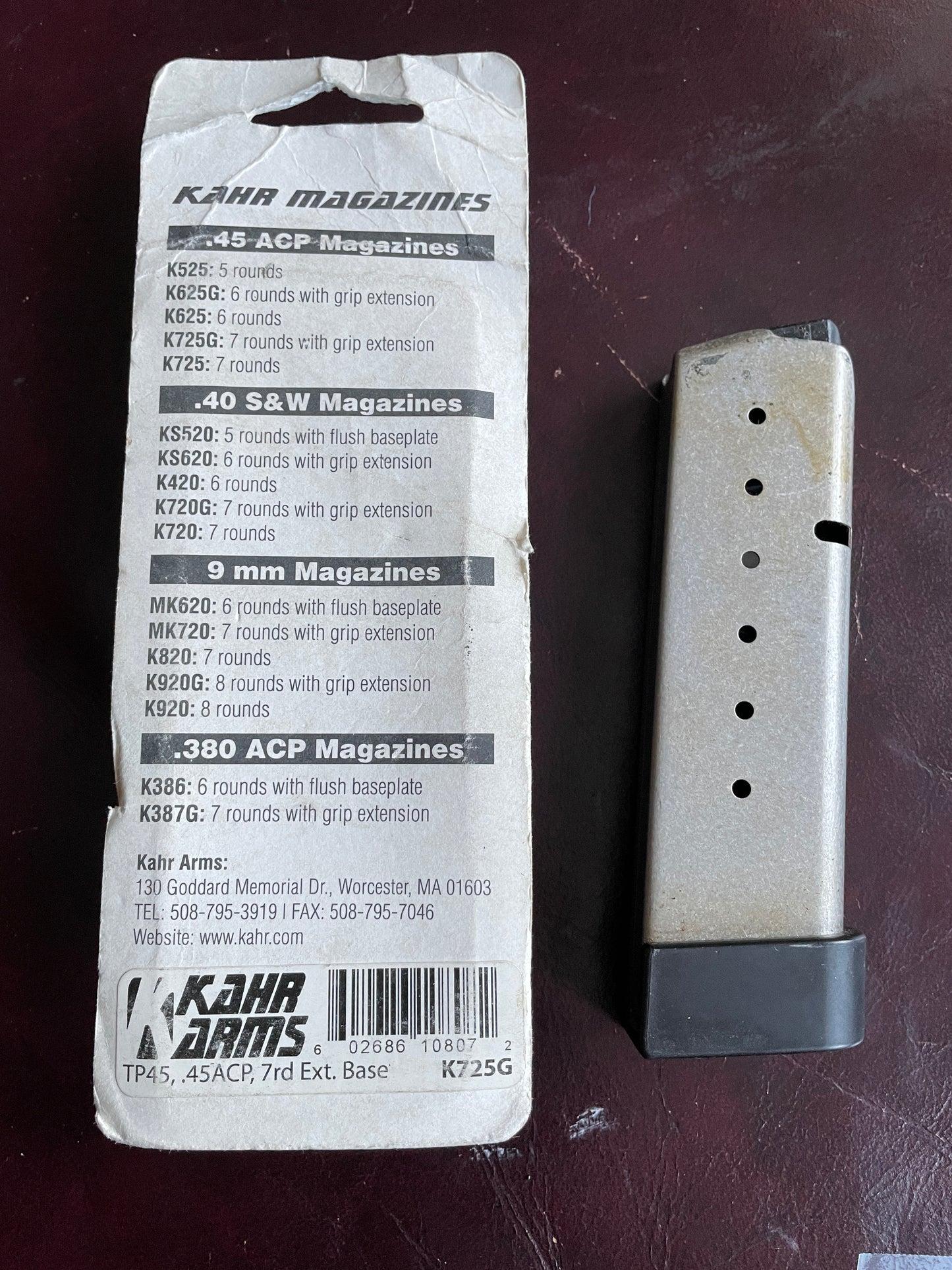 (2) Kahr Arms TP45G 7rd, extended base magazines in .45ACP